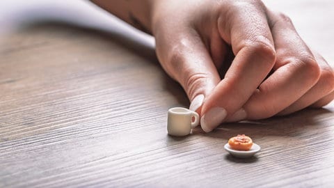 Miniatur Portion Kaffee und Kuchen - Warum nehmen manche Menschen schon von kleinen Portionen Essen zu und andere nicht? Diese Frage will eine große Ernährungsstudie in den USA 2025 klären. (Foto: IMAGO, Panthermedia) Miniatur Portion Kaffee und Kuchen - Warum nehmen manche Menschen schon von kleinen Portionen Essen zu und andere nicht? Diese Frage will eine große Ernährungsstudie in den USA 2025 klären.